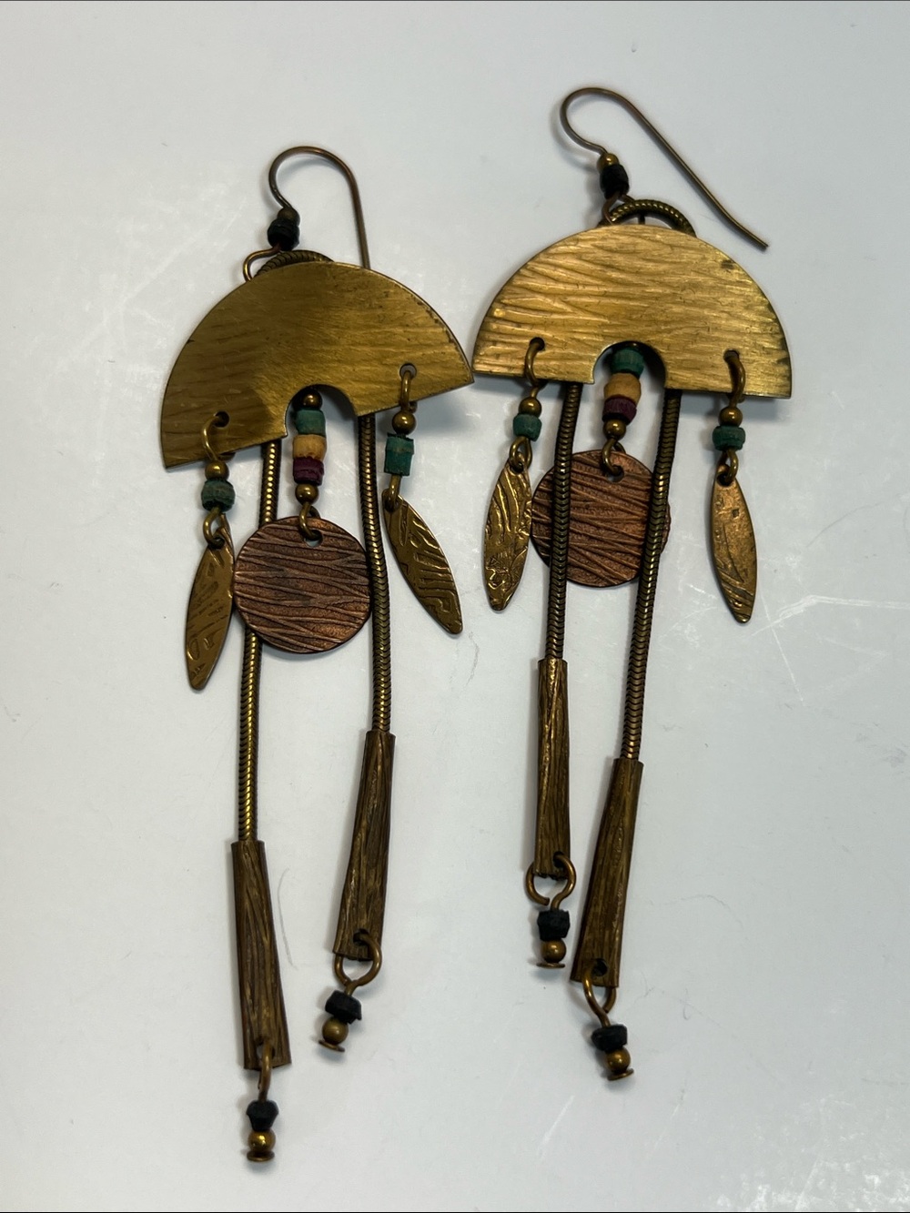 Bohemian Artisan Brass Tone Dangle Earrings with Bead Accents